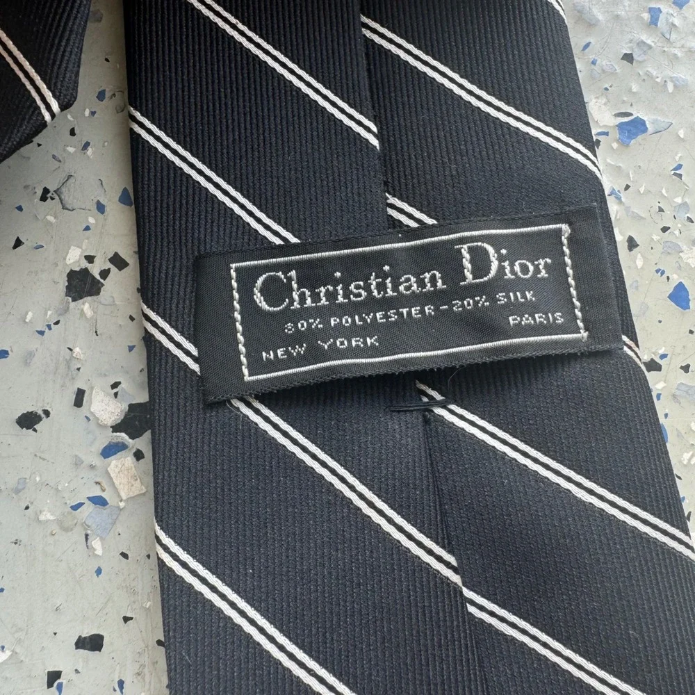 Christian Dior Mens Tie Black Silver Diagonal Stripe Silk Blend Logo Necktie